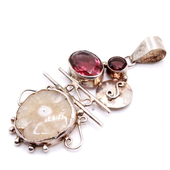 Sterling Silver 925 Purple Glass Sliced Quartz Modernist Pendant - Picture 3 of 10